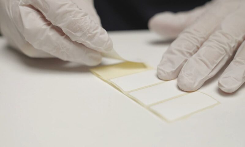 osoba koristi rukavice i suzima flaster